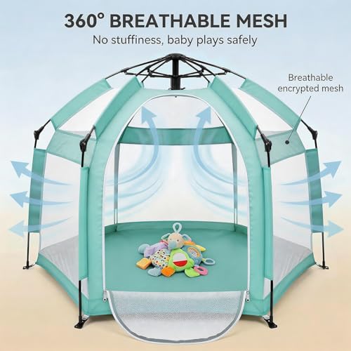 Image of Palopalo Mint Green Pop Up Baby Beach Tent - UPF50+ Sun Protection Canopy & Mosquito Net, Instant Setup Portable Playpen for Indoor & Outdoor Play, Lightweight Pack and Play Yard