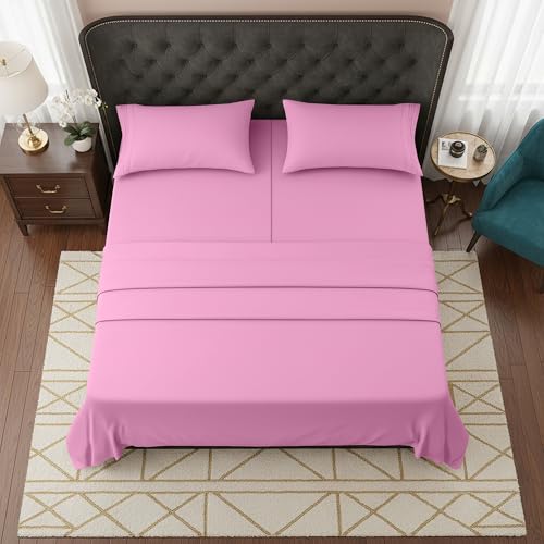 Image of Elegant Comfort Luxurious 1500 Premium Hotel Quality Microfiber Three Line Embroidered Softest 5-Piece Bed Sheet Set, Wrinkle and Fade Resistant, Split King, Light Pink
