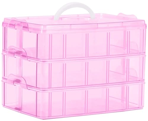 Image of PAXCOO Pink 3-Tier Stackable Storage Containers with lids - 30 Adjustable Compartments for Craft Organizers - Storage box for Jewelry, beads, kids toys, makeup box and sewing supplies