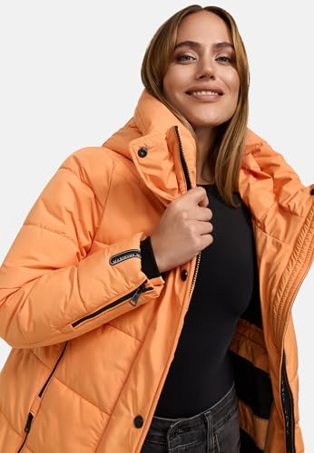 MARIKOO Damen Wintermantel warmer Steppmantel lang mit Kapuze und hohem Kragen Karumikoo XVI Apricot Sorbet Gr. 3XL