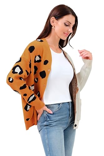 DERAX Women's Oversized Leopard Tiger Print Cardigan Sweaters V Neck Long Sleeve Color Block Loose Fit Button Down Jacket4