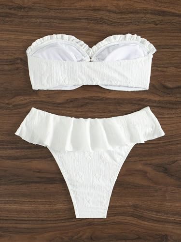 SweatyRocks Women's 2 Piece Bandeau Swimsuit Ruffle Trim Ring Bikini Set Strapless High Cut Bathing Suit2
