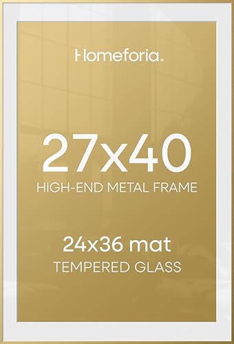 Image of Homeforia 27x40 Picture Frame Gold, High End Metal 27 x 40 Large Poster Frames with Mat 24 by 36 inch Photo, 27x40 Gold Frame Matted to 24x36 for Print, 40x27 Frame, Tempered Glass, Wall Kit, Set of 2