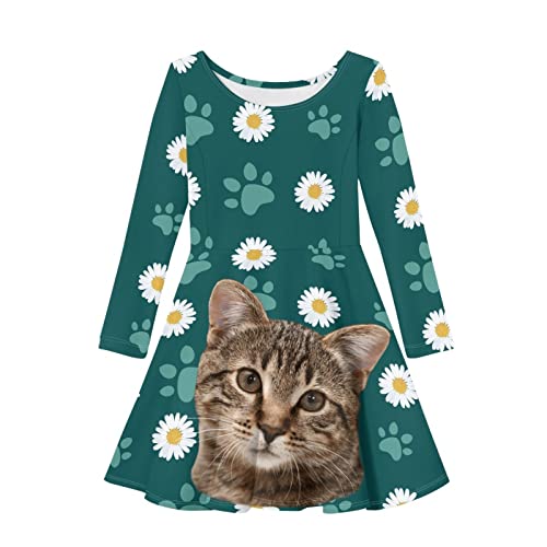 Cute Cat Dog Print Skater Dress for Girls Swing Loose Fit Flare Long Sleeve Twirly T Shirt Dress 4-16 Years Old