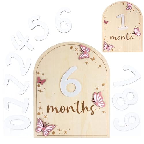 Image of Baby Monthly Milestone Cards - Wooden Monthly Milestone Discs - Newborn Photography Props to Document Your Baby´s Growth - Baby Announcement Sign (Butterfly)