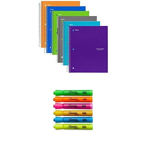Five Star Spiral Notebooks, 1 Subject, 100 College Ruled Sheets, Assorted Trend Colors, 6-Pack (38057) and Sharpie Accent Tank-Style Highlighters, 6 Colored Highlighters (25076) Bundle