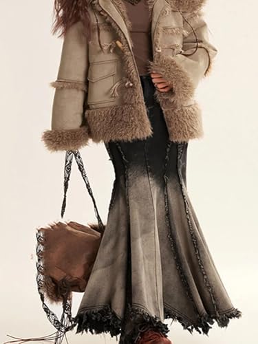 Women's Y2K Gradient Slim Fit Denim Trumpet Long Skirt High Waist Irregular Stitch Frayed Fringe Skirt2