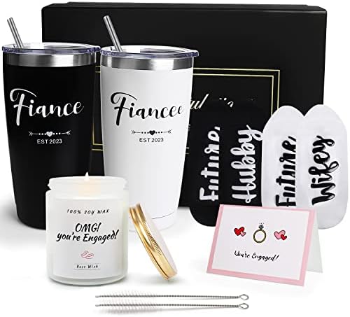 Engagement Gifts for Couples, Cool Wine Engaged Tumbler Gift Set Newly Presents for Women his and her him Fiance Fiancee Friend, Girlfriend Boyfriend Ideas with Straws, Socks, Candle & Greeting Card