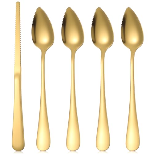 5 Pcs Grapefruit Spoons and Knife Set Gold Stainless Steel Serrated Utensils for Citrus Kiwi Melon Lemon Puree Dishwasher Safe