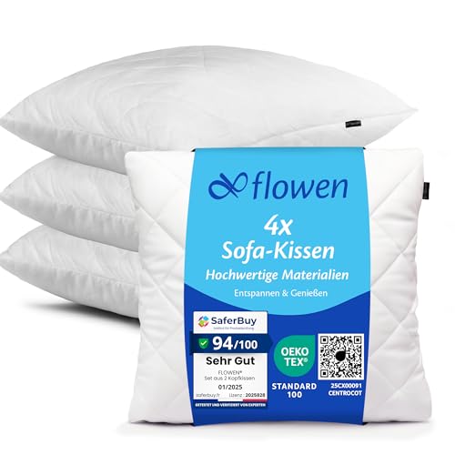 Flowen Kissen 50x50 Kopfkissen 4er Set für Sofa und Bett Innenkissen Hypoallergene Anti-Milben Kissenfüllung mit Weicher Gesteppter Kissenbezug 100% Polyester für Haus/Hotel
