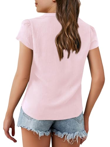 Haloumoning Girls Petal Short Sleeve T Shirts V-Neck Solid Summer Casual Tops for 5-14 Years4
