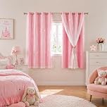 Kids Curtains for Bedroom, 2 Panels Blackout Curtains with Sheer Overlay & Tiebacks, 52 * 63inch Stars Cut Out Pink Curtains Drapery with Eyelet for Girls Bedroom Nursery Window Home Decor