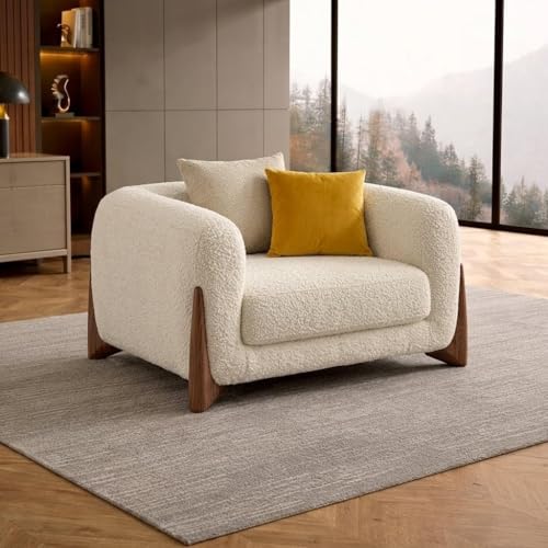 Image of Modern Boucle Sofa for Living Room Bedroom Reception and Office Wooden Polished Leg Sofa for Living Room (Sage Green and Off White, 3+1+Ottoman)