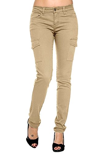 B.B Jeans Ladies Women's Cargo Pants Sexy Stretch Solid Casual Skinny (1, Twill Cargo 90010 Khaki)