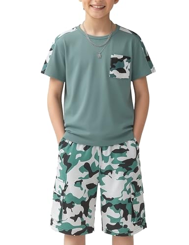 Image of mksodopy Boys Summer Outfit Set 2 Piece T Shirt and Camo Shorts Casual Clothes for Little Big Boys 5-16