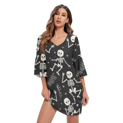 Robe en mousseline squelettes dessin animé noir avec manches 3/4