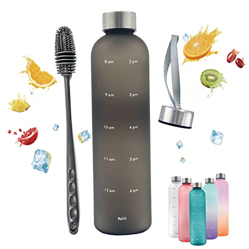 Horkos 1L Water Bottle,Motivational Time Markings,Non-Toxic BPA Free Plastic Water Bottle,Leak-Proof,1 litre Sports Bottle,1000ml Drinks Bottle for Gym,Travel,School,Cycling,Camping（Black+cover+brush）
