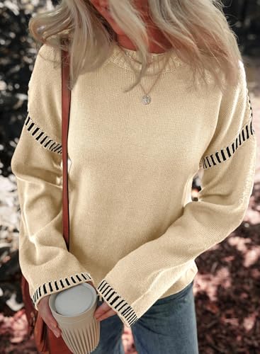 Image of Dokotoo Sweaters for Women Crewneck Long Sleeve Contrast Cable Knit Tops | Early Fall Fashion, Solid Loose Fit Pullover Sweaters, Oversized Stitching Fall Clothes Outfits, Winter Clothing for Women