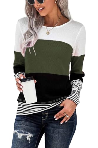 NEYOUQE Womens Color Block Waffle Loose Long Sleeve T Shirts Casual Comfy Tops Tee Shirt Women's Tunics