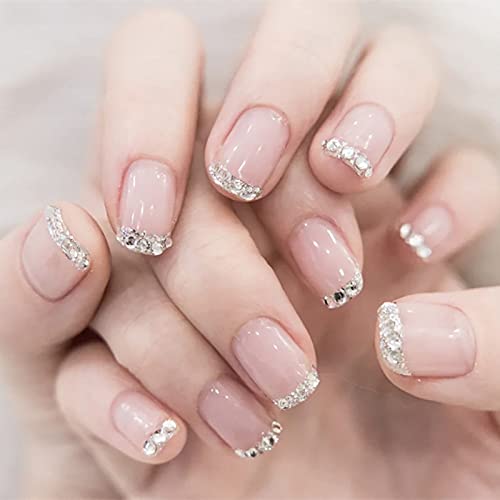 24PCS French Tip Press on Nails Short, Fake Coffin Nails with Glue Bridal Nails, Ballerina False Nails, Natural Manicure Press on Fake Nails, Acrylic White Nails Glue on Nails for Women and Girls