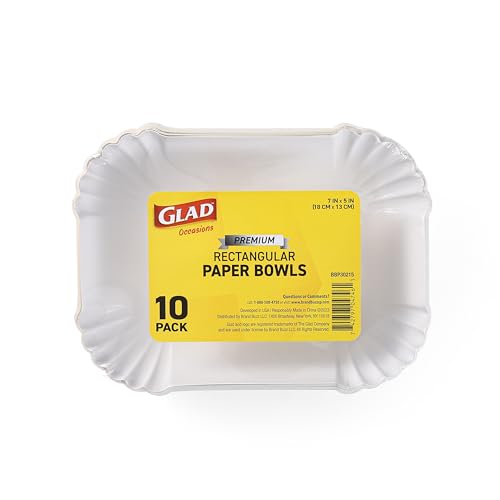 Glad Occasions Rectangular Disposable Paper Bowls, Premium, Cut-Resistant, Microwavable Paper Bowls for All Foods & Daily Use, 7 Inches, 10 Count