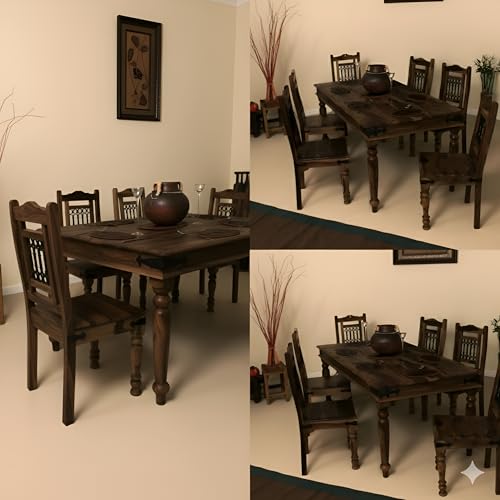 Image of Loonart Solid Sheesham Wood 6 Seater Dining Table Set | Traditional Solid Wood Dining Table with Chairs | Handmade Furniture for Home Kitchen & Dining Room (Premium Walnut Finish) |