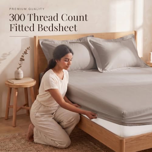Image of Huesland 300 TC Premium 100% Pure Cotton Luxe Soft Touch Fitted Single Size Bedsheet Cotton with 2 Pillow Covers | Perfect Greige | 36 x 78 Inches