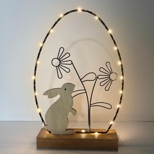 JINGTOPS LED Hase Figur Ostern mit Timer, Beleuchtetes Osterhase aus Holz 20 LED Osterbeleuchtung, mit Olzsockel/Eier/Blumen, Lichterkette Ostereier, Osterdeko Tisch Modern Deko Frühling,17,5x5x30cm
