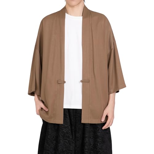 Image of PRIJOUHE Men's Kimono Jackets Cardigan Casual Cotton Blends Linen Seven Sleeve Open Front Embroidery Coat