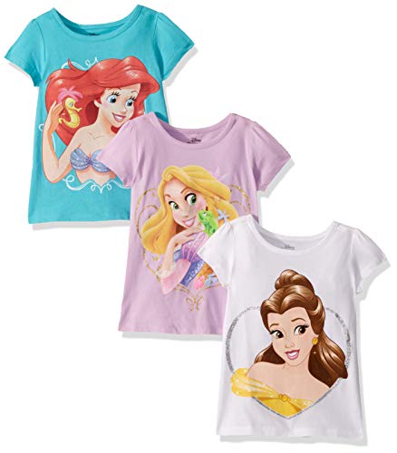 Disney Girls' Toddler Princesses Ariel, Belle, Rapunzel 3-Pack Big Face T-Shirt, Aqua Turquoise/White/Lilac, 2T