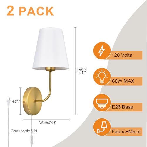 Image of Plug in Wall Sconces Set of 2, Gold Finish with White Fabric Shades, Wall Lamp with On Off Switch, Farmhouse Lighting for Bedroom Bedside Living Room Fireplace Hallway Bathroom