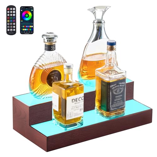 Image of VEVOR LED Lighted Liquor Bottle Display, 2-Tier 16 Inch Whiskey Rack, Supports USB, Illuminated Home Bar Shelf with RF Remote & App Control, 7 Static Colors, Acrylic+ Wood Lighted Shelf for 8 Bottles