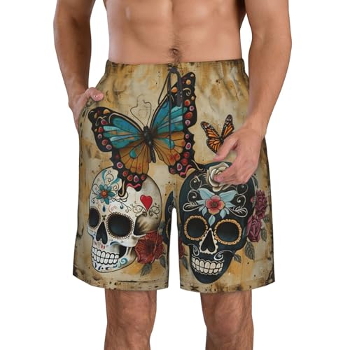 Sugar Skulls Butterfly Print Stylish Beach Shorts Swim Trunks Lightweight Breathable Summer Outdoor Activities