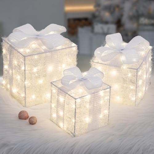 Quntis 3 Set 140 LED Geschenkbox Weihnachten, Weihnachtsdeko Innen Strombetrieben mit weißen Perlenketten, Beleuchtete Boxen Warmweiß, Lichterdeko Geschenkpakete für Weihnachtsbaum Fensterbank Garten