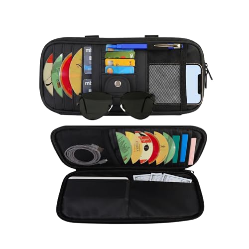 Car Visor Organizer Car CD Case Holder Leather Multi-Pocket Organizer Storage Bag for Car/SUV/Truck with 13 DVD Storage Sleeves Sunglass Clip Card Holder Pen Holder Visor Accessories Car Organizer