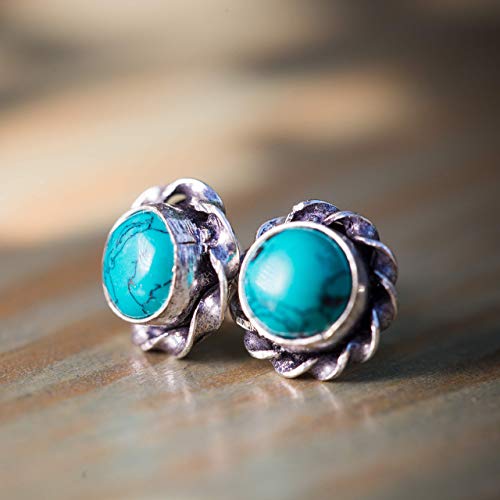 Turquoise Stud Earrings, Silver Plated Ear Studs, Pair Of Small Round Spiral Button Post Earrings With Blue Gemstone, Bohemian Ethnic Tribal Jewelry Gift For Women. (Turquoise) #TOP4