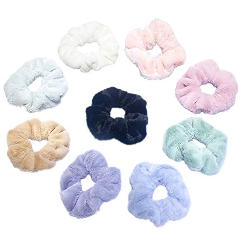 Fashion Fuzzy Hair Scrunchies Artificial Fur Plush Elastic Hair Ties for Women (9 pack fuzzy hair scrunchies)