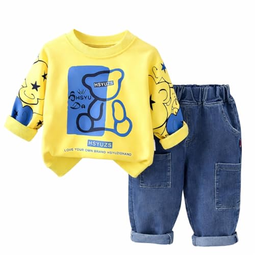 Image of Unisex Kids Cotton T-shirt and Denim Pant Set Comfort Fit all Season for Boys and Girls 1 to 8 years (Yellow, 3-4 Years)