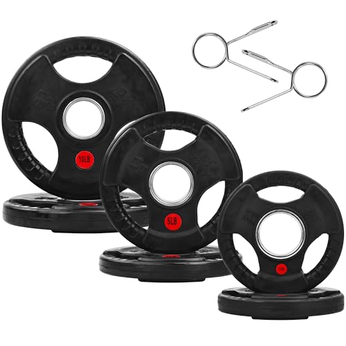 Fitvids Olympic Cast Iron 2-Inch Weight Plate for Strength Training & Weightlifting, Rubber Coate Style, 35LB Set With Safety Clips