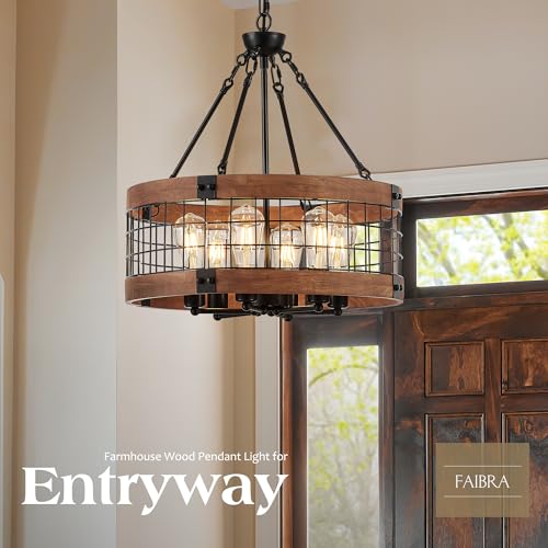 6-Light Farmhouse Drum Wood Pendant Light,20.55'' Vintage Rustic Brown Oak Wood Chandeliers,Retro Industrial Hanging Light Fixtures for Dining Room Entryway, Bedroom - Image 8