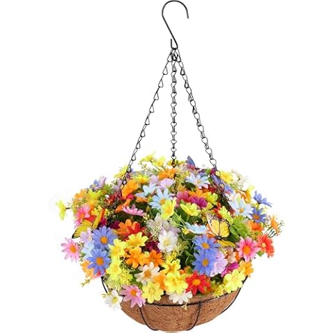 Hleelomi Hanging Artificial Flowers for Outdoors, Small Outdoor Hanging Plants Not DIY,Outdoor Flowers That Look Real, Includes Flowers, Butterflies, Coconut Fiber Liner, and Metal Chains (12 in) Cover