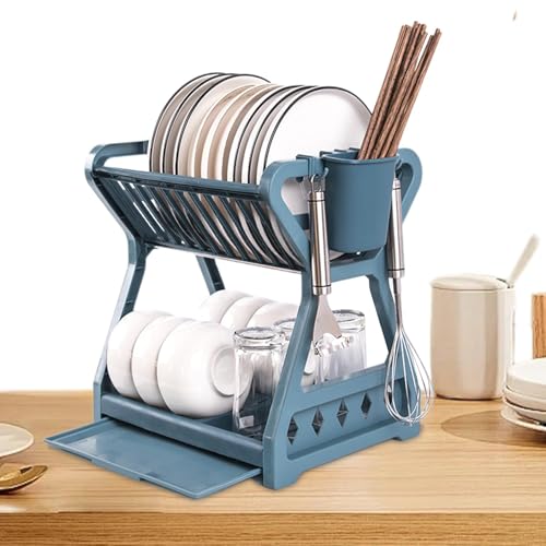 Escurreplatos de cocina – Organizador de platos de 2 capas, estante de secado de encimera, bandeja escurridora de utensilios | Escurreplatos resistente con bandeja extraíble, estante de secado