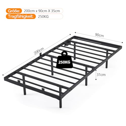 Bonnlo Bettgestell 90x200 cm mit Lattenrost, Bett 90x200 cm mit LED Beleuchtung, Metallbett Robust, Schwebenbett mit 36 cm Höhe schwarz (ohne matratze)