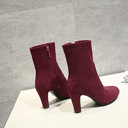 VOKLIN Women's Pointed Toe Chunky Block High Heel Dressy Ankle Boots Side Zipper Elegant Dress Short Booties3