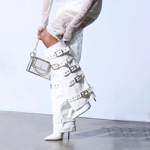 White Knee High Boots Fold Over Stiletto High Heel Pointed Toe Shark Boots with Buckle Pull On Dress Biker Boot4