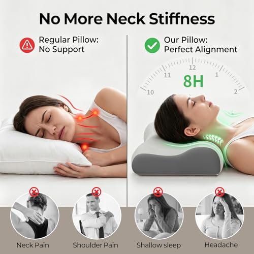 Polovo Cervical Neck Pillow for Pain Relief - Ergonomic Side Sleeper Pillow for Deep Sleep, Contour Memory Foam Pillows for Sleeping Bed Pillow for Side Back Stomach Sleepers with Cooling Pillowcase — view 3