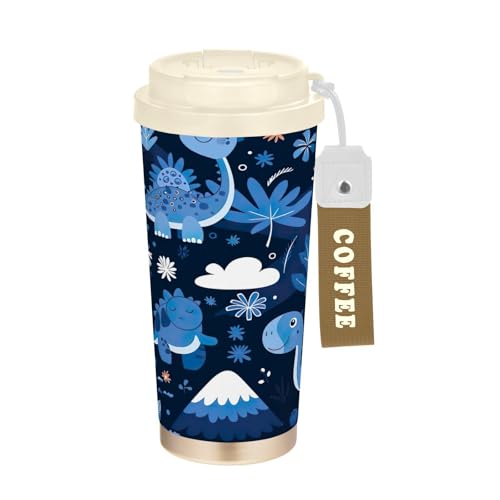 SKYSHU Dinosaur - Taza de café de viaje aislada de 17 onzas con tapa y popote, vaso a prueba de derrames y fugas con correa de asa para bebidas calientes y frías, botella de agua reutilizable de acero