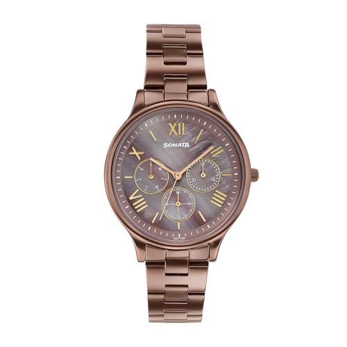 Image of Sonata Axis with Quartz Analog Brown MOP Premium Multifunction Design Dial IP Brown Strap Watch for Women - 87119QM02