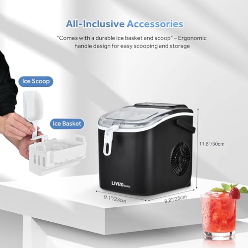 LIVINGbasics Countertop Ice Maker,Self-Cleaning,9 Cubes in 6-12 Mins | 26lbs/Day. Whisper-quiet 45dB. Compact 9.5x11.5x11 in. Fits home, office, RV. Includes ice scoop and basket.