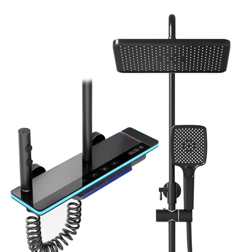 YJYAJIE Columna de Ducha, Sistema de Ducha con 31x20cm Ducha de lluvia, caño de bañera oculto, pantalla LED Digital, ducha de mano de altura ajustable para Cuarto de baño